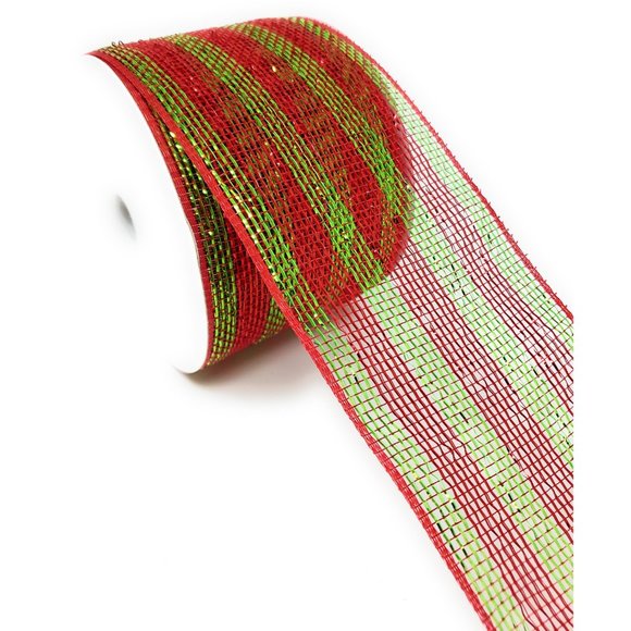 Christmas Red and Green Striped 4" Wide Metallic Deco Mesh Ribbon Garland - Picture 3 of 3